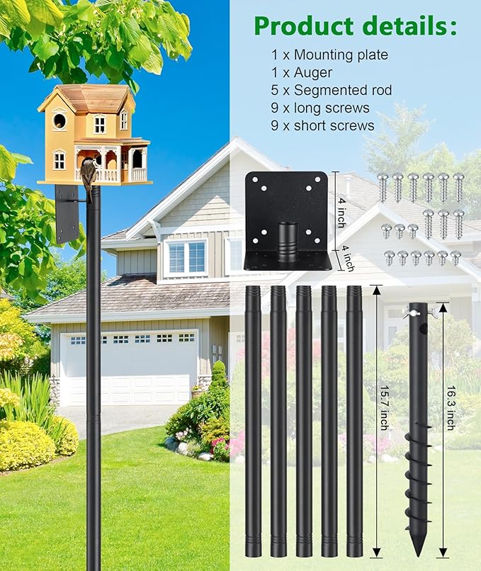 Heavy Duty Bird Feeder Pole - 73 Inch Adjustable Bird House Pole with Auger Base for Easy Install, 1 inch Diameter Metal Outdoor Mount Kit for Bluebird Houses, Hummingbird Feeders & Wildlife Watching