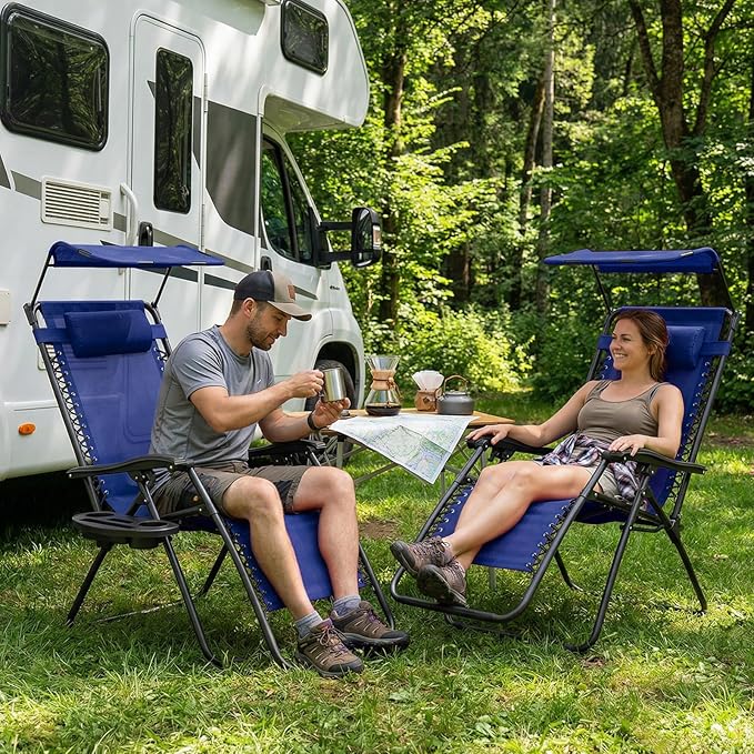 Magshion Zero Gravity Lounge Chair with Canopy, Outdoor Foldable Patio Reclining Chair with Side Tray, Adjustable Anti-Gravity Recliner with Pillow Headrest, Lounger for Lawn Camping Beach (Blue)