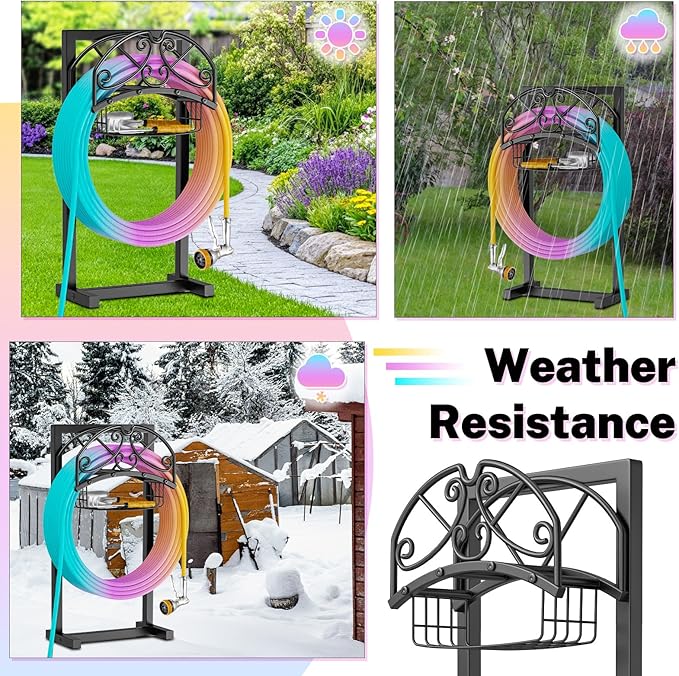 Garden Hose Holder, Freestanding Water Hose Holder with Storage Basket, Heavy Duty Metal Hose Stand Sturdy Hose Hanger, Detachable Hose Storage Rack for Outside Yard Lawn