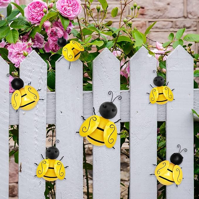 Metal Outdoor Wall Art Decor, 6 PCS Bumble Bee Decor Outdoor Wall Decors, Fence Decorations Outdoors Metal Garden Decors Outdoors Decorations for Yard Art Home