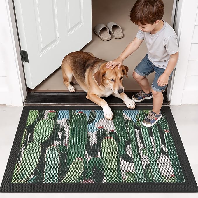 LUMI Outside Door Mat 17x30, Non Slip Rubber Backing Doormat, Low Profile Easy Clean Entrance Mats for Front Back Door Entryway Porch Garage, Cactus