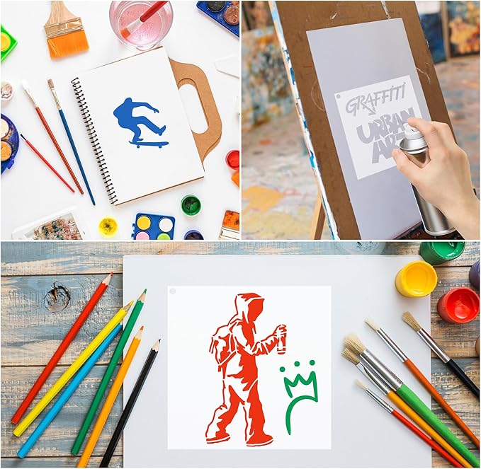 Graffiti Stencils - 36 Pcs Reusable Street Art for Painting on Wood, Wall, Canvas, Rock, Skateboard - Doodle and Spray Painting Stencils
