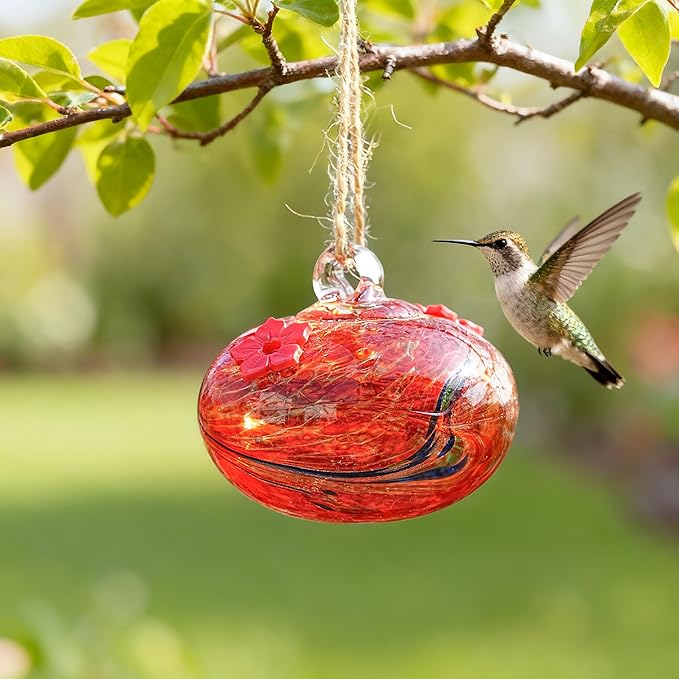 3inch Hand Blown Glass Hummingbird Feeder Colorful Hanging Glass Feeder with 2 Feeding Ports for Outside Garden Window Patio Decoration