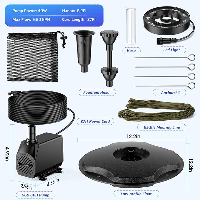 Antfraer Floating Pond Fountain with LED Lights - 40W 660GPH Pump with 3 Spray Modes, Floating Fountain 27FT Power Cord & 65.6FT Mooring Line for Garden Ponds, Waterfalls & DIY Water Features