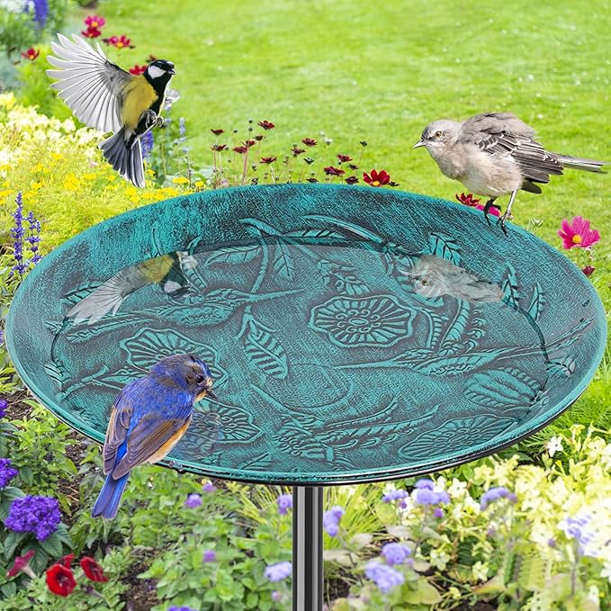 Metal Bird Bath for Outside, Vintage Freestanding Birdbaths & Birdfeeder, Bird Baths Feeder Bowl for Outdoors Garden Patio Yard Lawn Decor (Retro Blue)