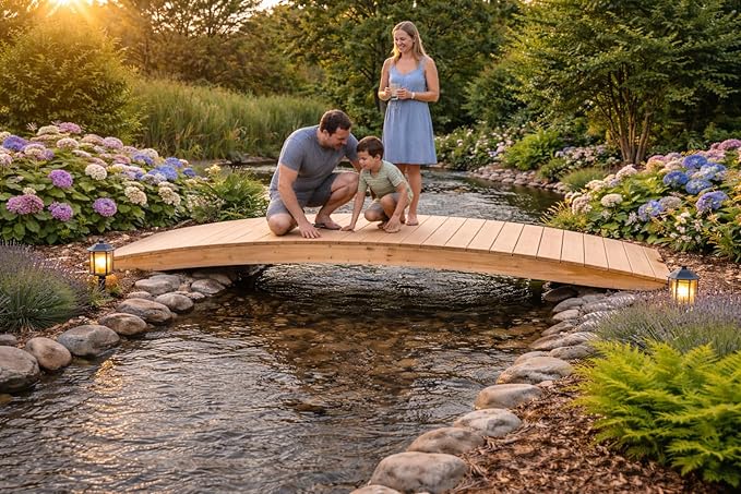 12 FT NATURAL Amish Made Pinewood Heavy Duty Garden Bridge for Walkway, Backyard Pond & Landscaping, Outdoor Wooden Footbridge for Koi Pond, Japanese Style Decorative Bridge, Made in USA