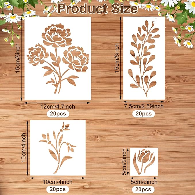 80Pcs Stencils for Painting, Stencils for Crafts Reusable Flower Wall Stencils for Drawing Art Scrapbook (6x4.7in, 5.91x2.59in, 4x4 in, 2x2in)