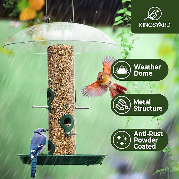 Kingsyard Metal Bird Feeders for Outdoors Hanging, Wild Bird Feeder with Large 11.5" Protective Dome and 8" Removable Tray, 3 lb Seeds Capacity (Green)