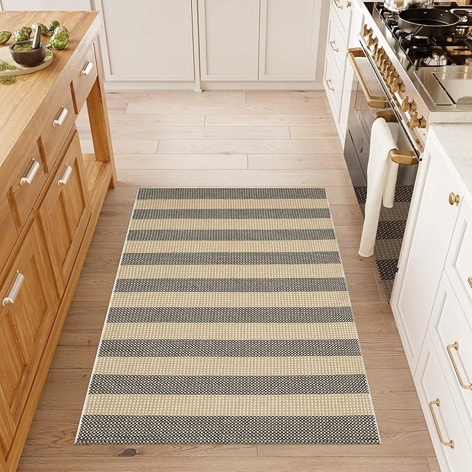 Black and Tan Boho Striped Rugs, 3x5 Rug Outdoor Front Door Mat Hand Woven Washable Rugs for Entryway, Foldable Front Porch Rug for Kitchen/Home Entrance/Farmhouse