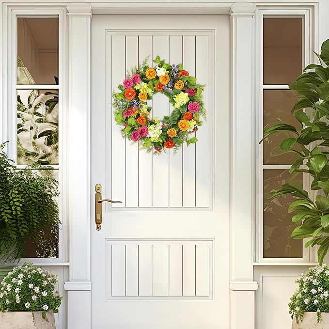 YNYLCHMX 18" Spring Summer Wreaths for Front Door, Artificial Floral Wreath with Daisy Flowers Green Tea Leaves, Green Foliage Wreath for Wall Window Farmhouse Party Holiday Home Decor