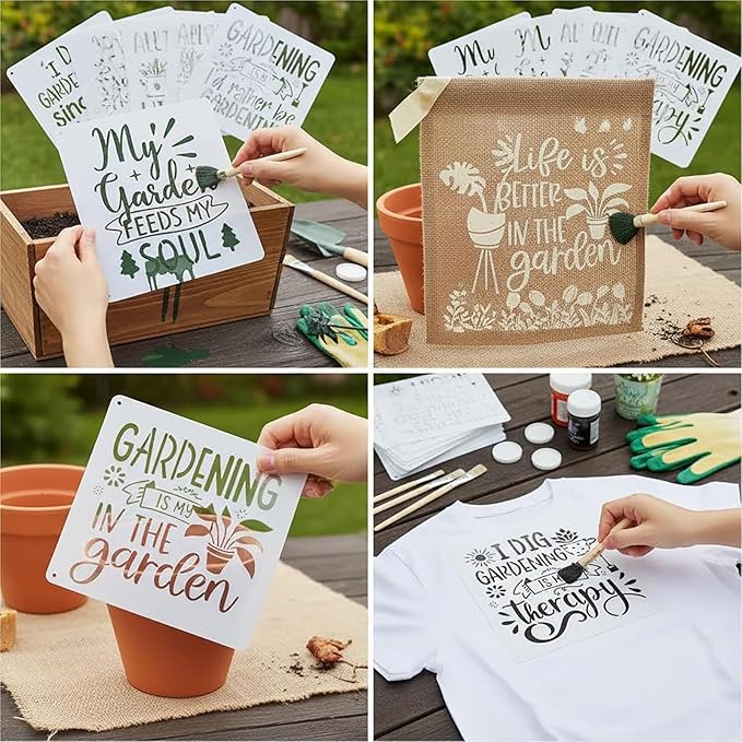 16Pcs Garden Floral Stencils Painting On Reusable Crafts Templates, 7.8x7.8Inch My Garden Flower Plant Stencil for Painting on DIY Wood Canvas Scrapbook Paper Fabric Pillows Card Making Home Decor