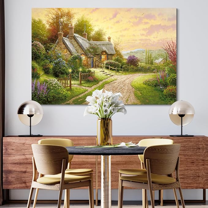 STUDIO HAVEN Thomas Kinkade Canvas Wall Art, Thatched Cottage Country Lane Colorful Flowers Sunset Glow Oil Painting Poster Rustic Wall Decor, Framed Prints for Home Decor, 24x16Inch