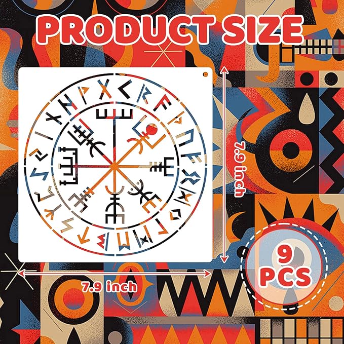 9 PCS Runes Stencils for Painting on Wood Stones, Reusable Celtic Border Ancient Viking Symbol Template for Crafts Canvas Furniture Wall Floor Drawing Card Making Pattern Decorative 7.9 x 7.9 Inch