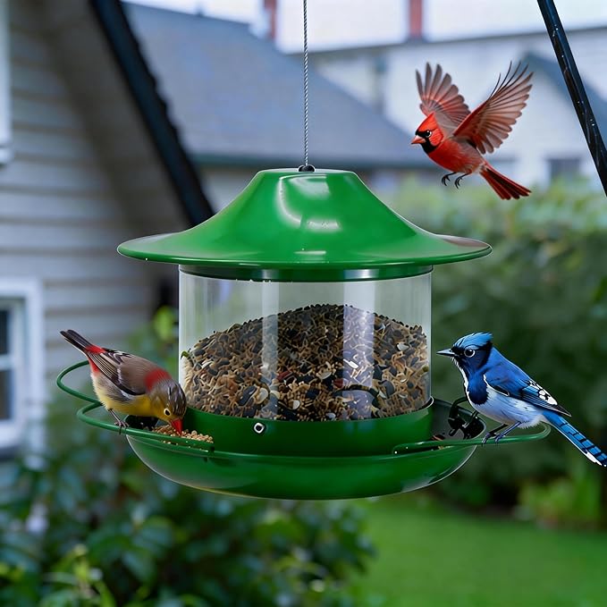 Metal Bird Feeder for Outdoors, Large Capacity Weatherproof Rustproof Wild Bird Feeder with Drainage, Easy to Clean Anti-Squirrel Hanging Feeder for Garden Décor, Nature Green
