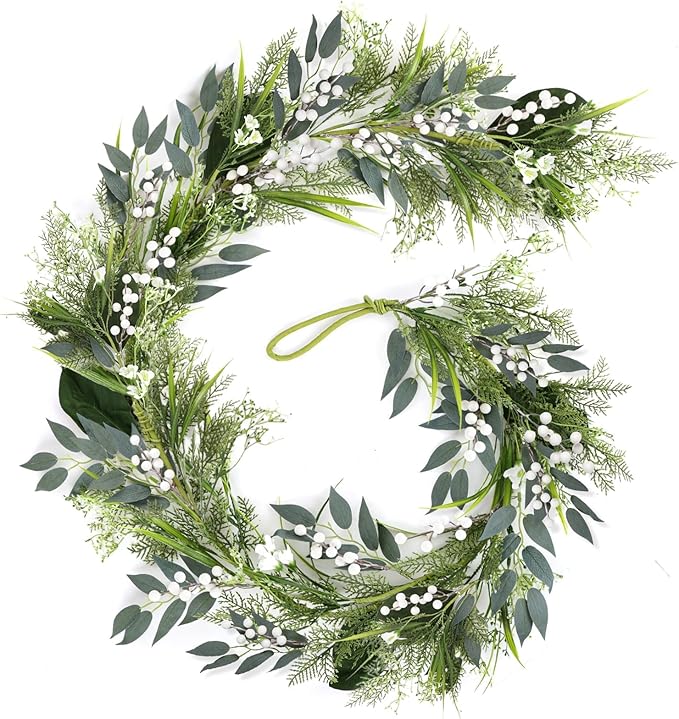 6.5 Ft Artificial White Flowers Garland Spring Summer Swags White Wild Flower with Berries Garland Vine for Wedding Front Door Porch Table Indoor Door Home Mantle All Year Decoration