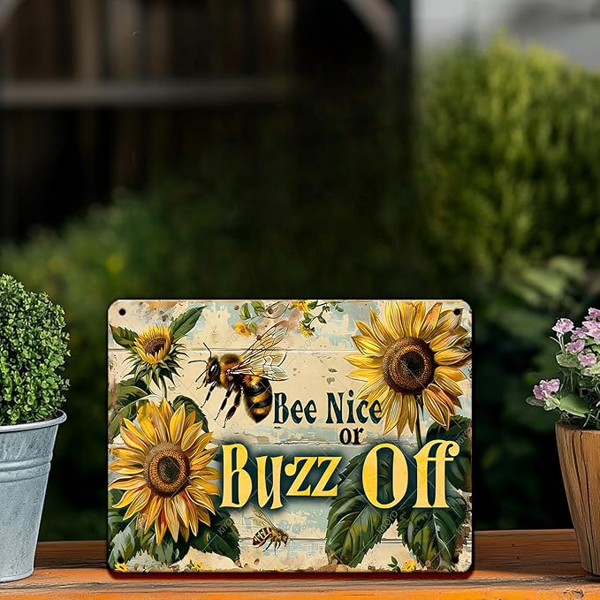 Garden Bee Sign Bee Nice or Buzz Off Decor Poster Vintage Metal Tin Sign Country Farmhouse Decor for The Home Garden Kitchen Office 16x12 Inch