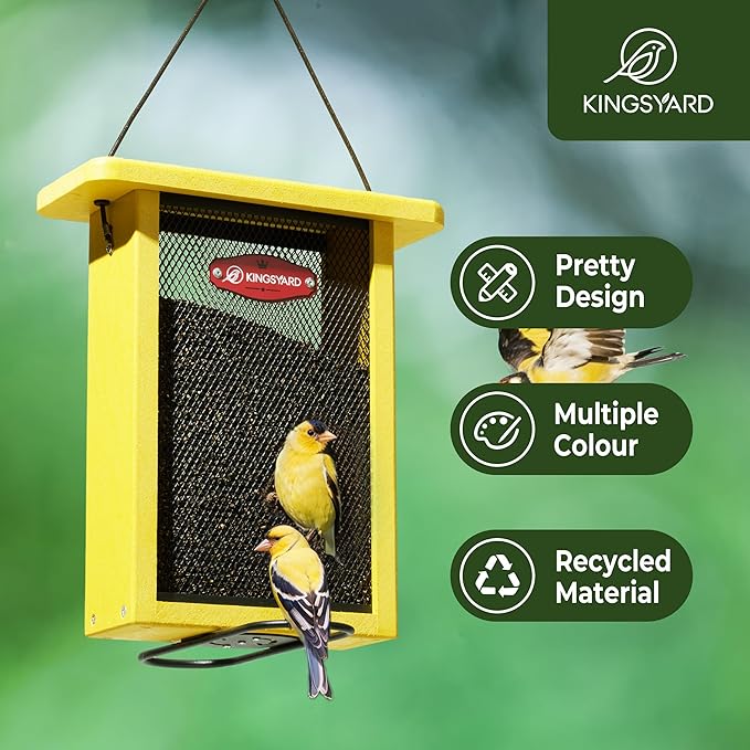 Kingsyard Finch Feeder for Outside Hanging, Metal Mesh Bird Feeders for Thistle/Nyjer Seed, Sliding Mesh & Built-in Perch, Recycled Plastic, Yellow