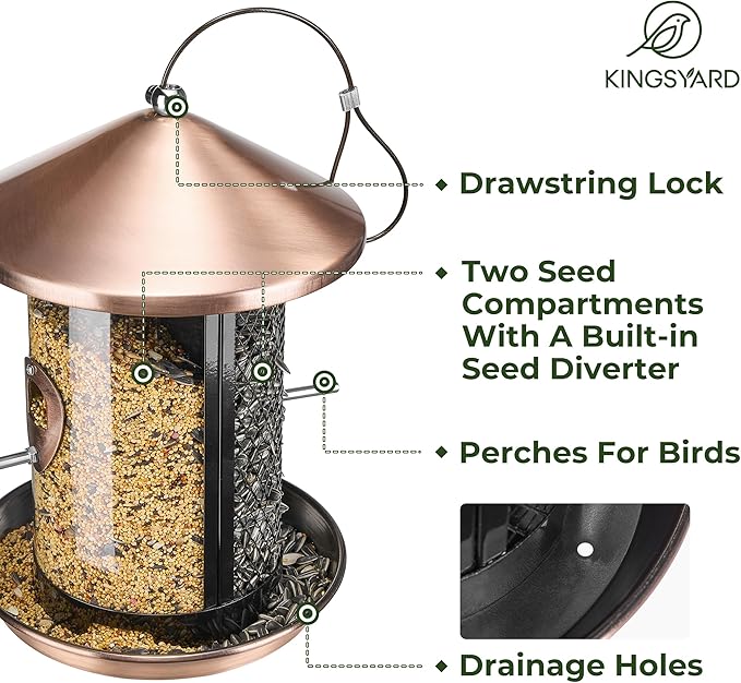 Kingsyard Metal Bird Feeder for Outdoor Hanging - Chew Proof Bird Finch Cardinal Feeder with Dual Chamber of 4 lbs Capacity for Bluebird, Antique Copper