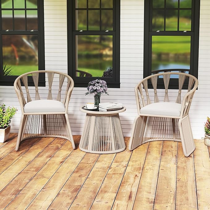 Tangkula 3 Piece Patio Leisure Chair Set, Outdoor Rope-Woven Cushioned Armchairs & Table Set with Tempered Glass Tabletop, for Balcony, Porch, Backyard (Off White)