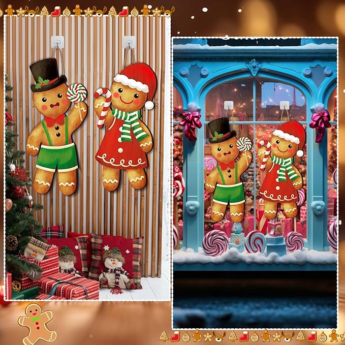 Thyle 2 Pcs Wooden Christmas Gingerbread Sign 27 x 10 Inch Xmas Hanging Gingerbread Front Door Decor Ginger Bread Welcome Door Hanger for Outdoor Indoor Front Porch Home Farmhouse Wall Supplies