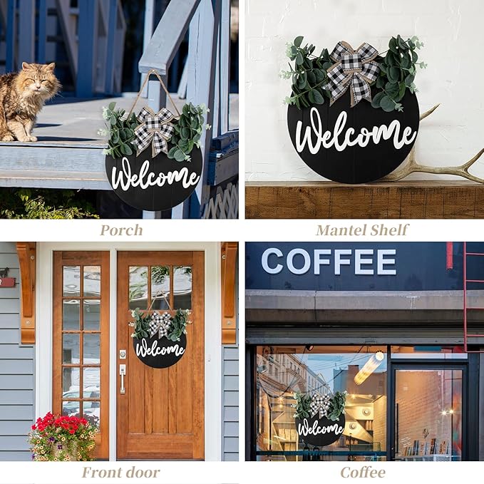 3D Front Door Welcome Wreath - Farmhouse Welcome Sign for Front Door - Vertical Concave Stripes Wooden Front Door Wreaths for Home Decor(Black) - Housewarming Gift