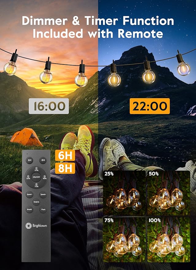 Brightown Outdoor String Lights with Remote and Zip Ties, 58Ft Dimmable Patio Lights with 25 Bulbs, Waterproof Hanging Lights for Porch Backyard Bistro Cafe Market