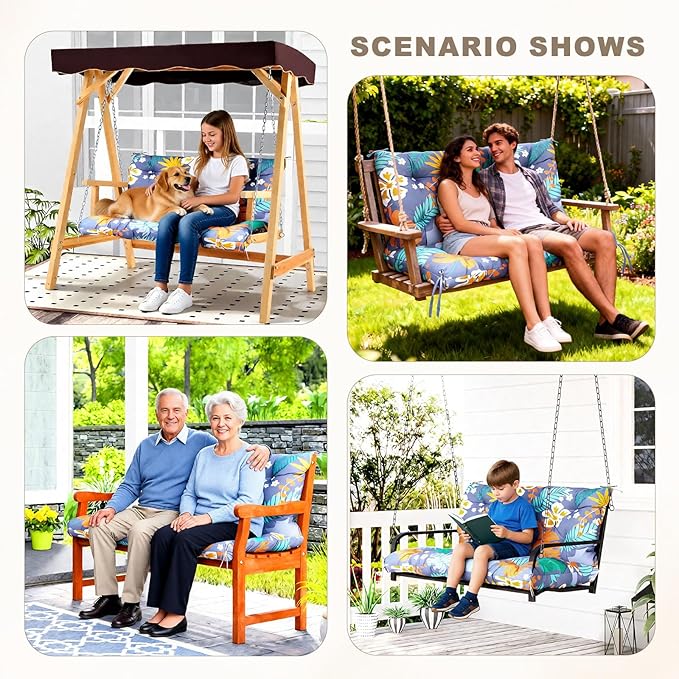 Porch Swing Cushion with Backrest,Waterproof Bench Cushion for Outdoor Furniture,2-3 Seater Replacement Thickened Swing Cushion with Ties,Patio,Outdoor,Backyard and Garden (Flower,47x40)