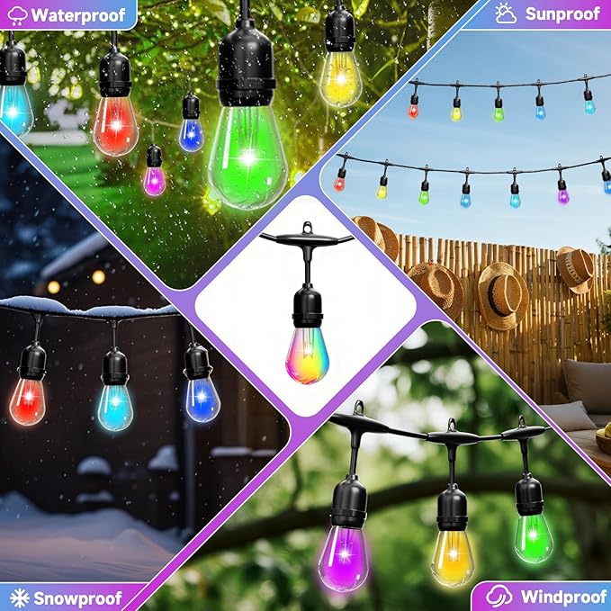 RGB Safety String Lights 100FT - Commercial Grade Low Voltage Strand with 40 S14 Shatterproof Bulbs for Tree Garden Yard bistro Cafe | RGB Party Lights & Outdoor Lights | IP65 Waterproof | UL Listed