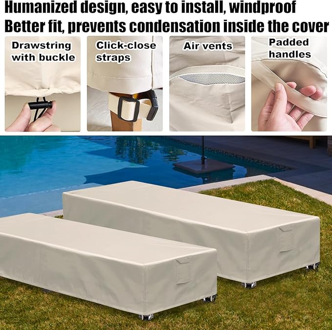 Outdoor Chaise Lounge Cover 2 Pack Patio Lounge Chair Covers Waterproof 600D Weather Resistant Material, UV Protection, Windproof Design Outside Furniture Covers 80" x 28" x 14" H,Beige