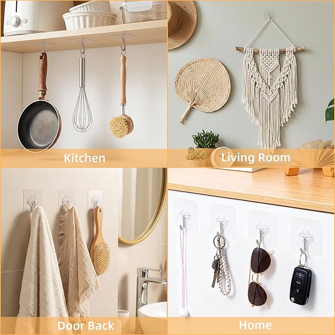 Adhesive Wall Hooks for Hanging, 50 Pack Heavy Duty Stainless Self Sticky Hooks, Waterproof and Rustproof Clear Self Adhesive Utility Hooks for Bathroom Kitchen Office Outdoor Inside Wardrobe Towel
