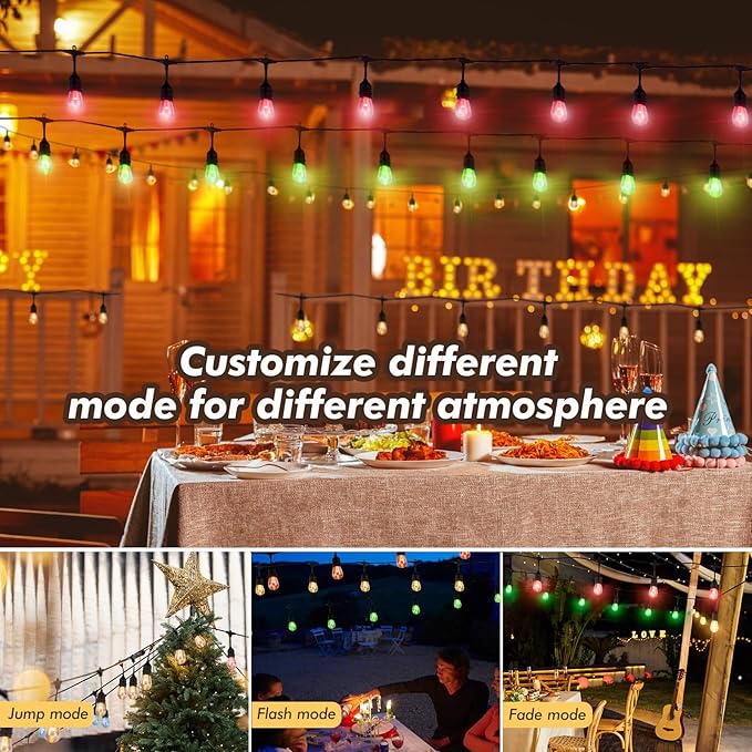 96FT Solar Outdoor String Lights, 30 Shatterproof Edison LED Bulbs, Dimmable RGB Color Changing Patio Lights Waterproof with Remote. for Patio Decor, Garden, Yard,Commercial Use.