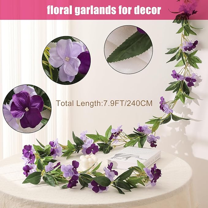 JUSTOYOU Artificial Vines Purple Flower Garland Artificial Impatiens Flowers for Outdoors Hanging Floral Vines for Home Decor Wall Fence Stairway Indoor Outdoor Wedding Hanging Baskets(2 Pcs)