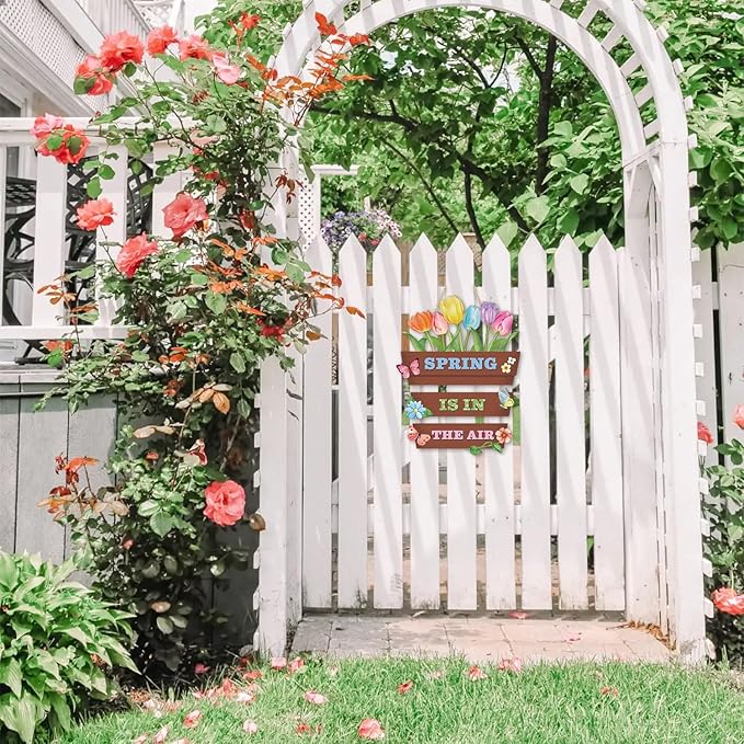 HOURIA Spring Is In The Air Wooden Door Sign(12”x14”),Colorful Tulip Flower Butterfly Spring Wall Hanging Sign,Spring Decorations for Home Garden Porch