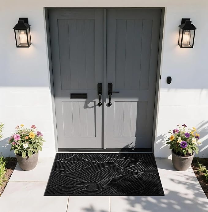 Yimobra Doormat Indoor Outdoor Entrance, Simple Stripes, All-Weather Waterproof & Non-Slip Mat for Front Door, Heavy Duty Polyester Welcome Mat for Garage, Patio-60x36，Black