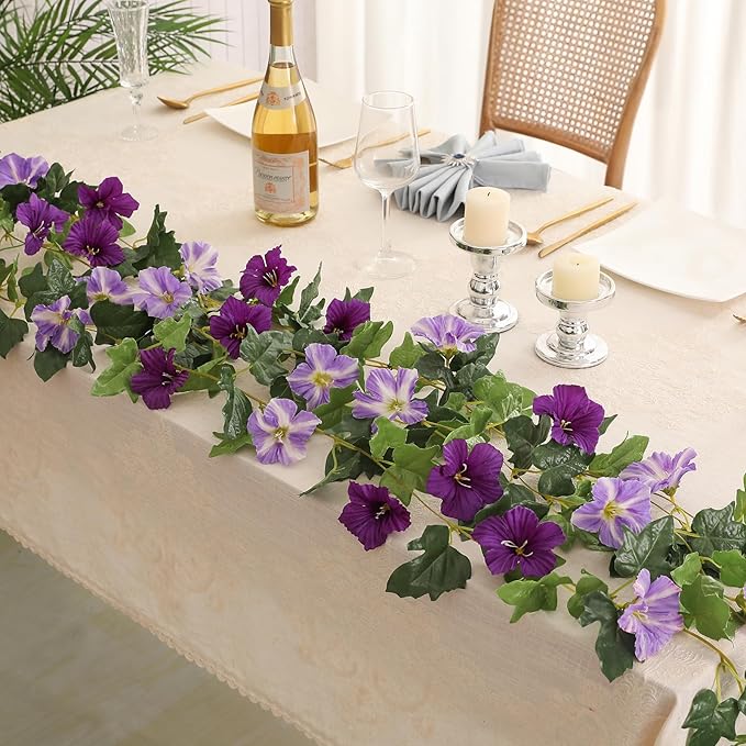 Floweroyal 2 Pack Artificial Flower Garlands 15.8FT Fake Morning Glory Vines Silk Flowers Hanging Garland Ivy for Wedding Arch Party Home Garden Wall Decor (Purple)