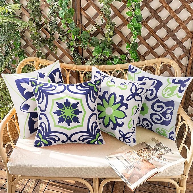 Pyonic Set of 4 Outdoor Pillow Covers 20x20 Waterproof Decorative Throw Pillow Covers Floral Printed Farmhouse Boho Pillowcase for Patio Funiture Garden Navy Blue
