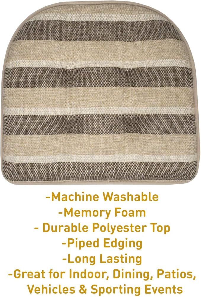 Sweet Home Collection Chair Cushion Memory Foam Pads Tufted Slip Non Skid Rubber Back U-Shaped 17" x 16" Seat Cover, 6 Pack, Bradford Beige/Brown, (Pack of 2)