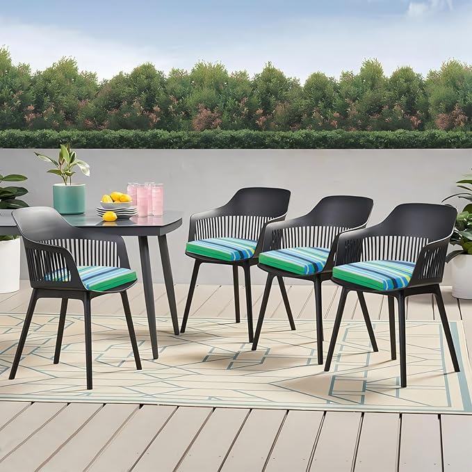 Outdoor Chair Cushions Set of 4, 17x16x3 Inch Patio Chair Cushions, Water Resistant, Non-Slip Ties (Blue & Green Pinstripe)