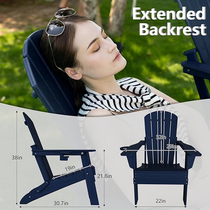 Plawdlik Folding Adirondack Chair Set of 6 with Cup Holder，Wooden Textured ，Heavy All-Weather HDPE Comfortable Set Poolside Backyard Lawn, Navy
