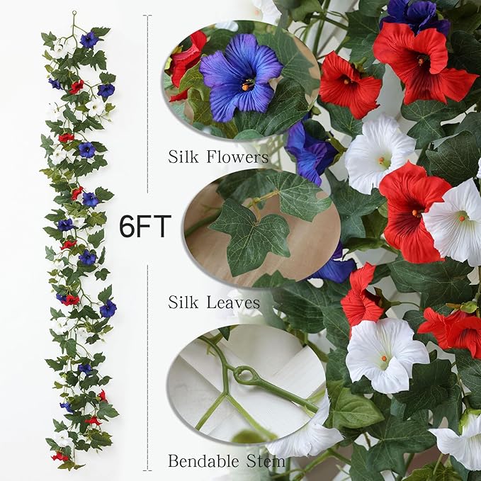 Mizii Artificial Petunias Flower Vines Garland 6 Feet Blue Faux Morning Glory Silk Flowers Garland UV Resistant Fake Hanging Vines Plants Decorations for Outdoor Garden Indoor Home Decor (Blue)