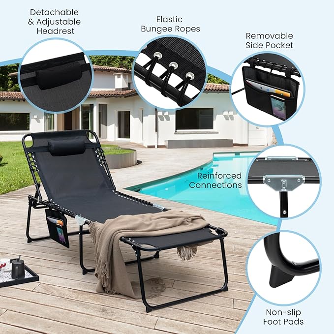 GYMAX Lounge Chair for Outside, 440lbs 27” Oversize Folding Beach Tanning Sunbath Chair with Adjustable Backrest & Removable Pillow, Lightweight Portable Patio Lounger for Lawn Poolside (2, Black)