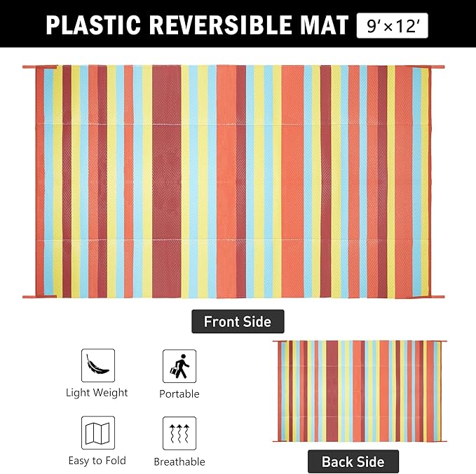 HUGEAR Outdoor Waterproof Rug 9'x12' Plastic Straw Rugs Washable Reversible Floor Mat Rainbow Stripe Carpet for Camping RV Deck Entryance Porch Picnic Balcony Beach Backyard