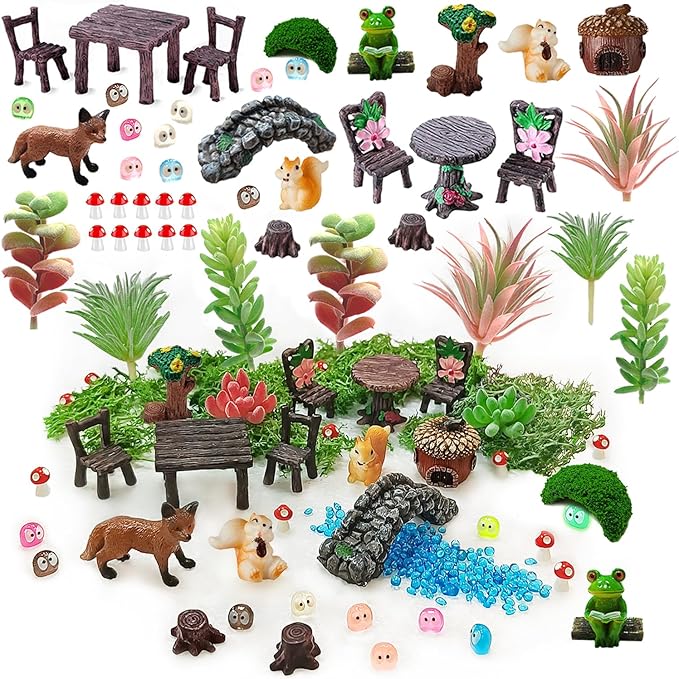 44 Pcs Fairy Garden Accessories, Miniature Table and Chairs Set, Miniature Figurines Mini Resin Animals House Bridge for Micro Landscape Potted Plant Terrarium Decor DIY Craft Gift