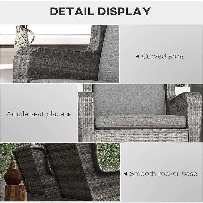 Outsunny Outdoor Wicker Rocking Chair Set of 2 with Wide Seat, Thick Cushions, Rattan Rockers with Steel Frame, High Weight Capacity for Patio, Garden, Backyard, Gray