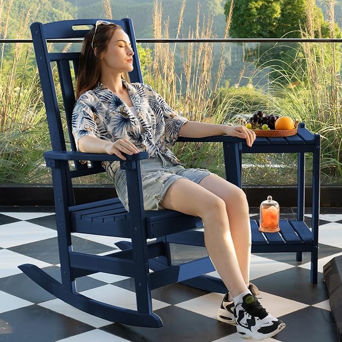 Plawdlik Oversized Outdoor Rocking Chair - All-Weather Resistant,HDPE Heavy Duty Patio Rockers with High Back - Perfect for Porch,Garden,Modern Style Set of 2-Navy Blue
