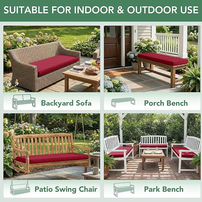 Outdoor Bench Cushion: Waterproof and Fade Resistant Patio Furniture Cushions - Non-Slip Bench Pad Cushion with Removable Cover for Garden Swing Porch Sofa Settee, 48 x 18 x 3 Inch, Burgundy