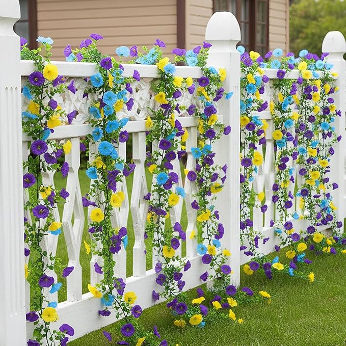 GTIDEA 6Pcs Fake Vines 36Feet Artificial Hanging Morning Glory Flower Garland Faux Vines for Outdoors for Wall Fence Indoor Wedding Decor (Blue & Yellow)