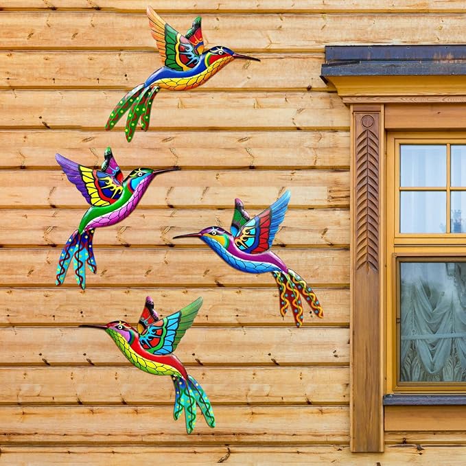 ZYP Metal Outdoor Wall Art Decor,3D Colorful Garden Birds Sculpture Outdoor Iron Hanging Decor Ornaments, Metal Hand-made Bird Wall Art Decorations for Fence Patio Balcony Living Room,Hummingbird
