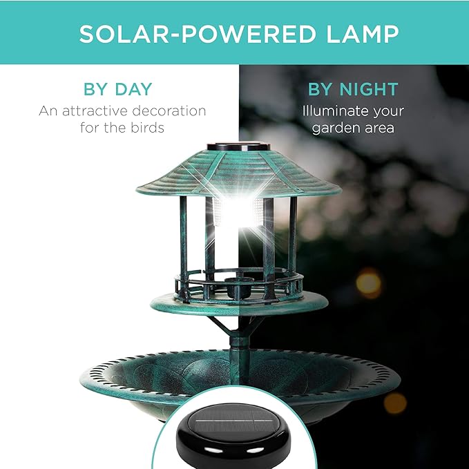 Best Choice Products Solar Outdoor Bird Bath Vintage Resin Pedestal Fountain Decoration for Yard, Garden w/Planter Base, Feeder, Decorative Bird Cage, Fillable Stand - Green