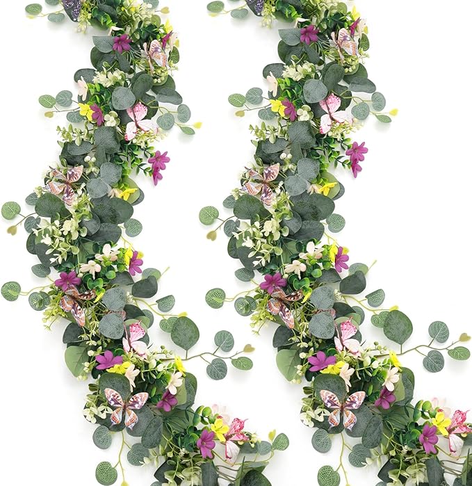 2 Pack 5.68 FT Artificial Daisy Garland with 3D Butterfly, Hanging Fake Flowers Greenery Eucalyptus Garland Floral Vines for Wedding Table Home Room Sping Decor